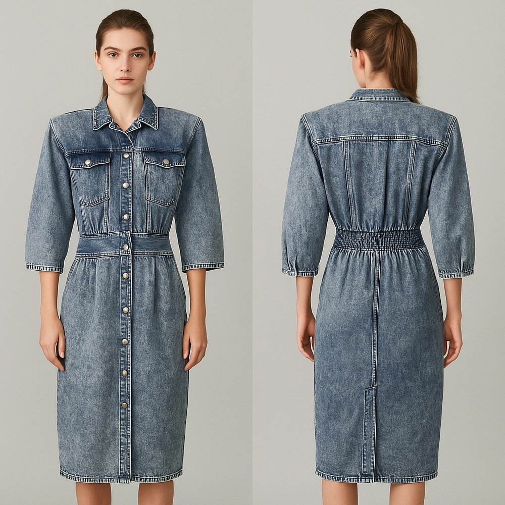 Vintage ADA Paris Acid Wash Denim Snap Down Midi Dress